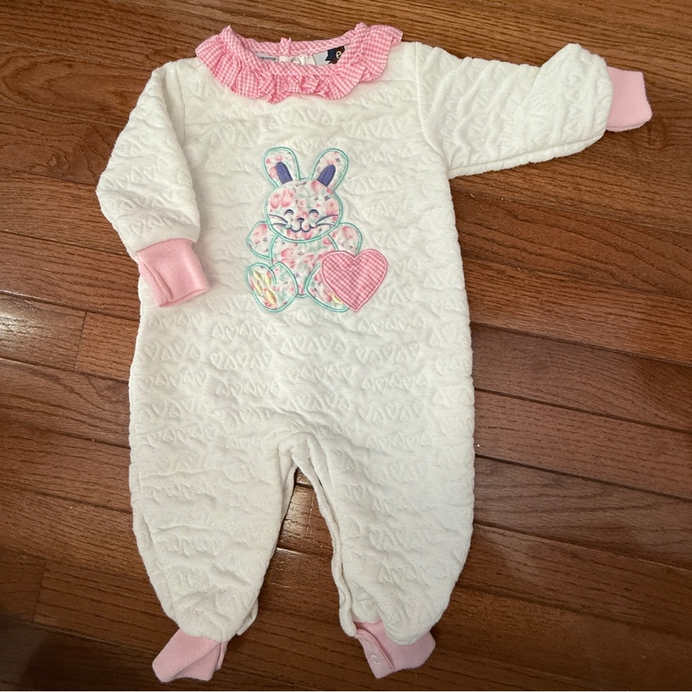 Vintage “Peek-A-Babe” Quilted Bunny and Hearts Sleeper Pajamas, 6-9 Months